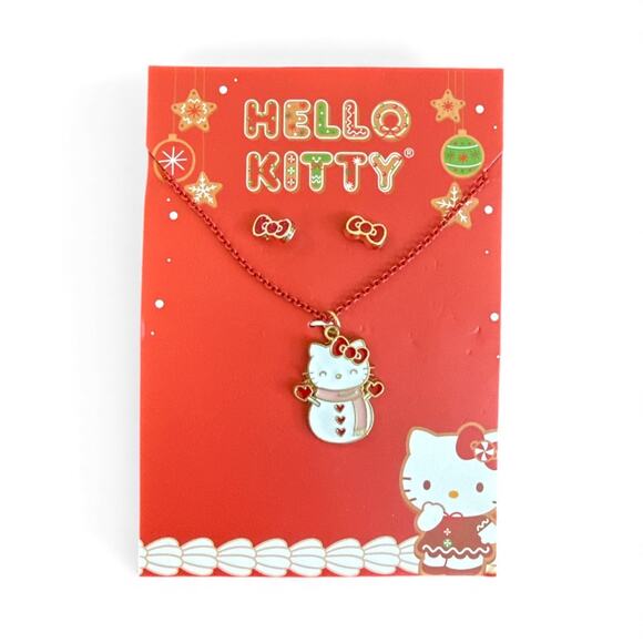 Hello Kitty Necklace and Earrings Set – Jewelry Collection in Snowman Red/Gold - Picture 1 of 5